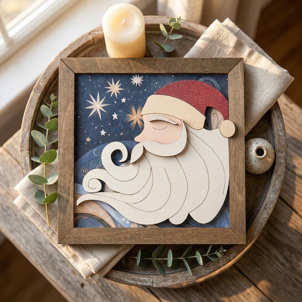 Framed Santa Layered Wood Art | Rustic Farmhouse Christmas Decor (Easel Included) | Tiered Tray Decor