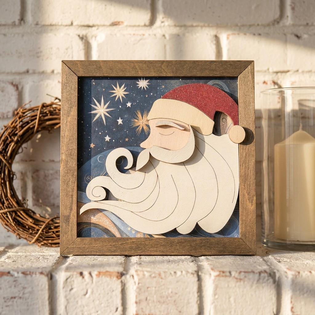 Framed Santa Layered Wood Art | Rustic Farmhouse Christmas Decor (Easel Included) | Tiered Tray Decor