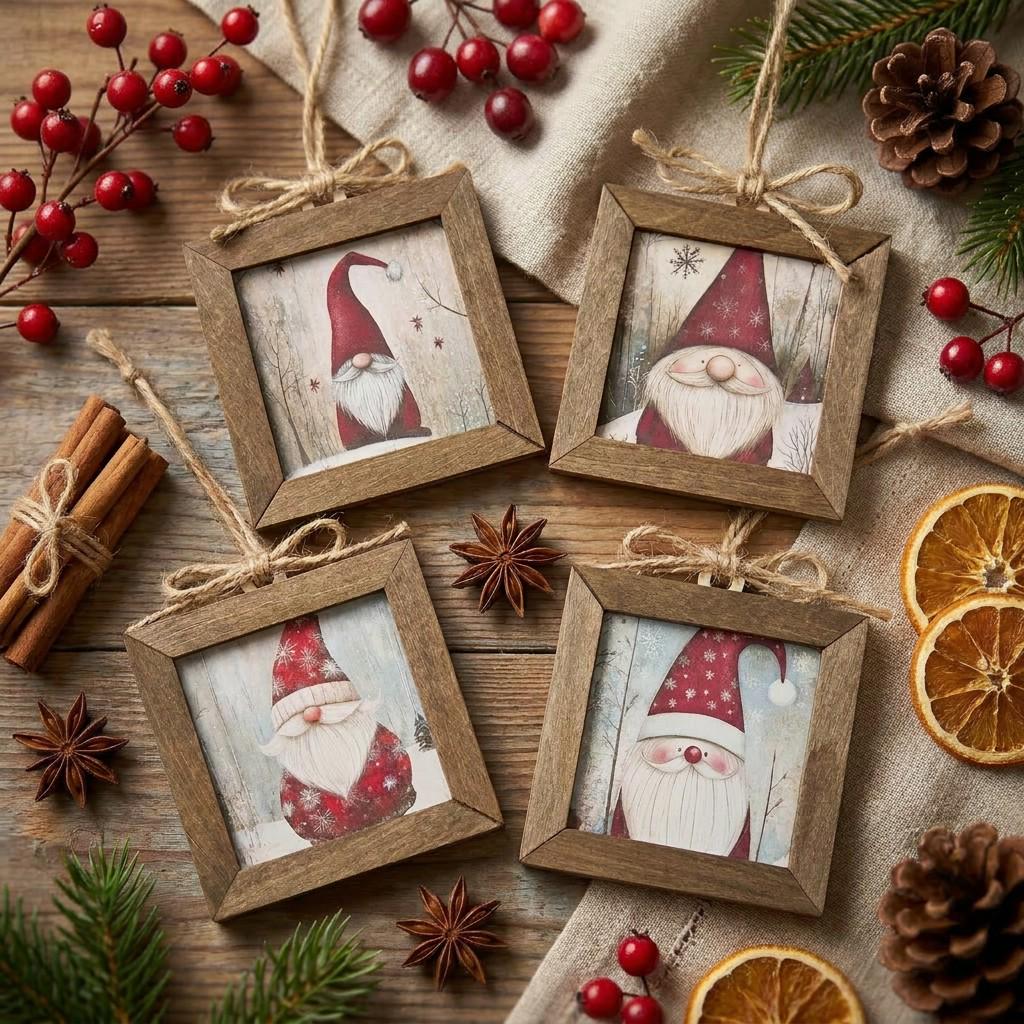Rustic Framed Gnome Christmas Ornaments (Set of 4) | Rustic Farmhouse Holiday Decor (Set of 4)