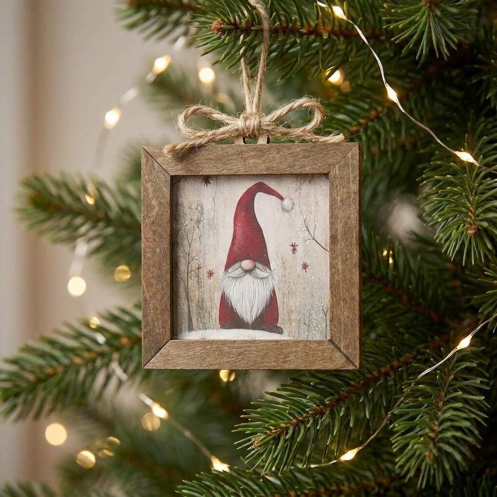 Rustic Framed Gnome Christmas Ornaments (Set of 4) | Rustic Farmhouse Holiday Decor (Set of 4)