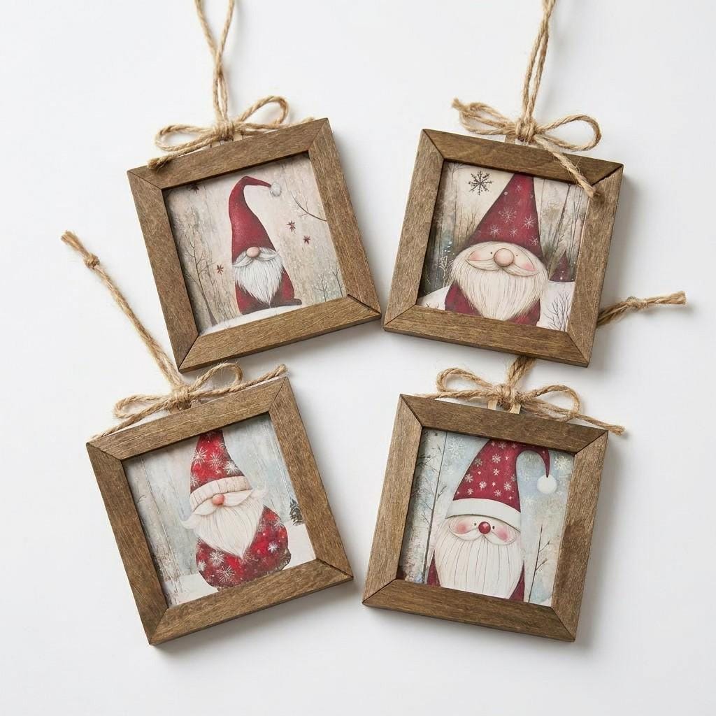 Rustic Framed Gnome Christmas Ornaments (Set of 4) | Rustic Farmhouse Holiday Decor (Set of 4)