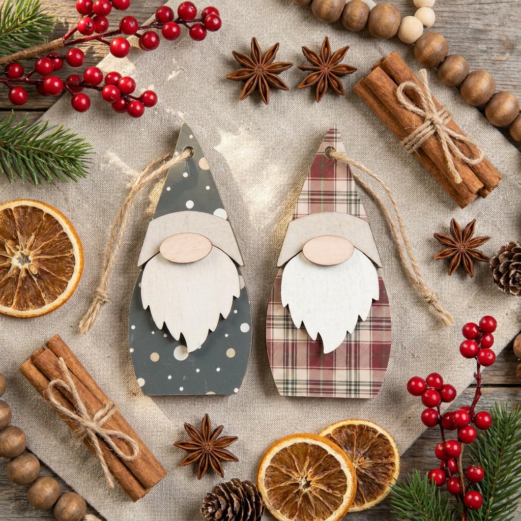 Pair of Reversible Gnome Holiday Ornaments | Rustic Farmhouse Christmas Decor | Christmas Tree Ornaments