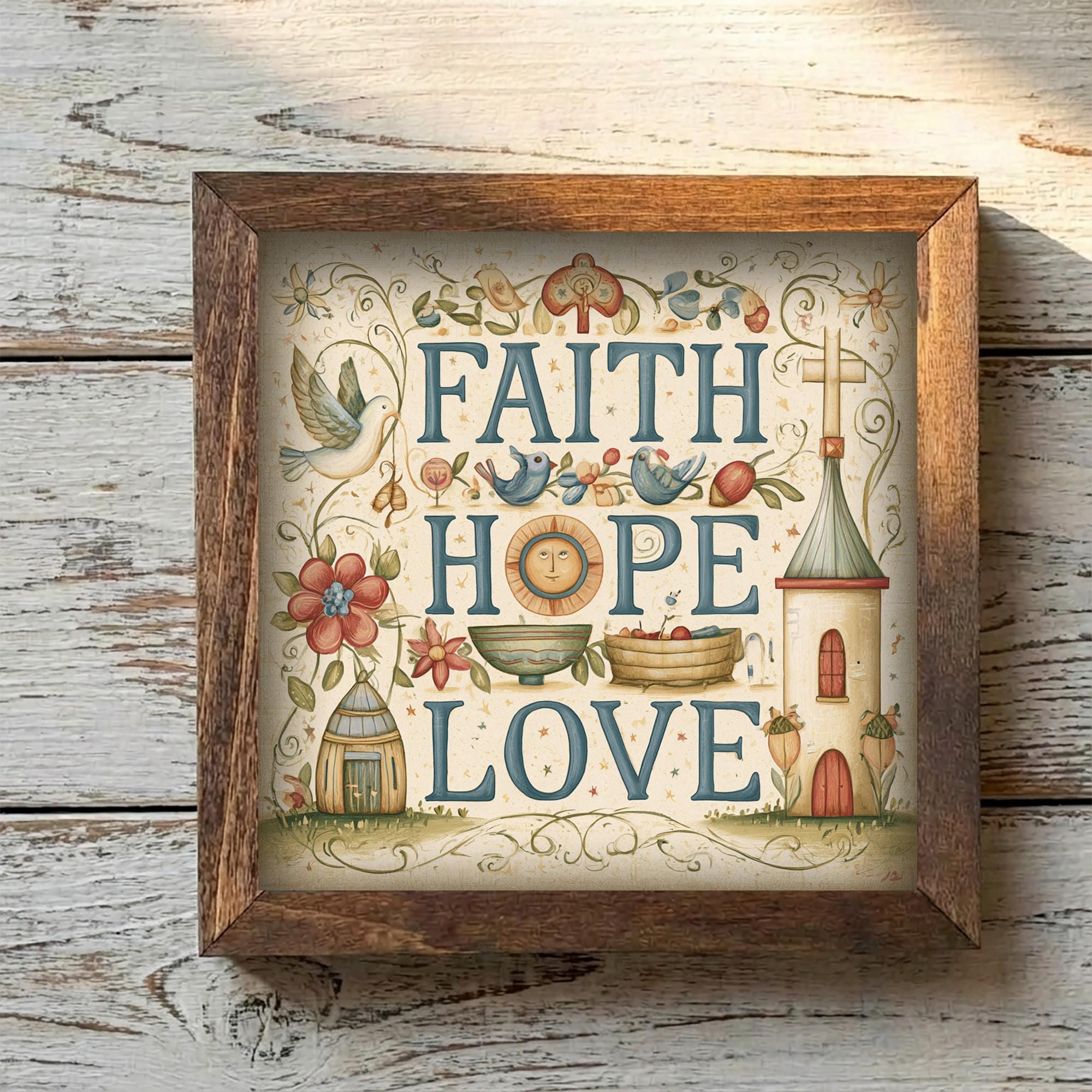 Framed Faith Hope Love Art Print | Rustic Farmhouse Tiered Tray Decor