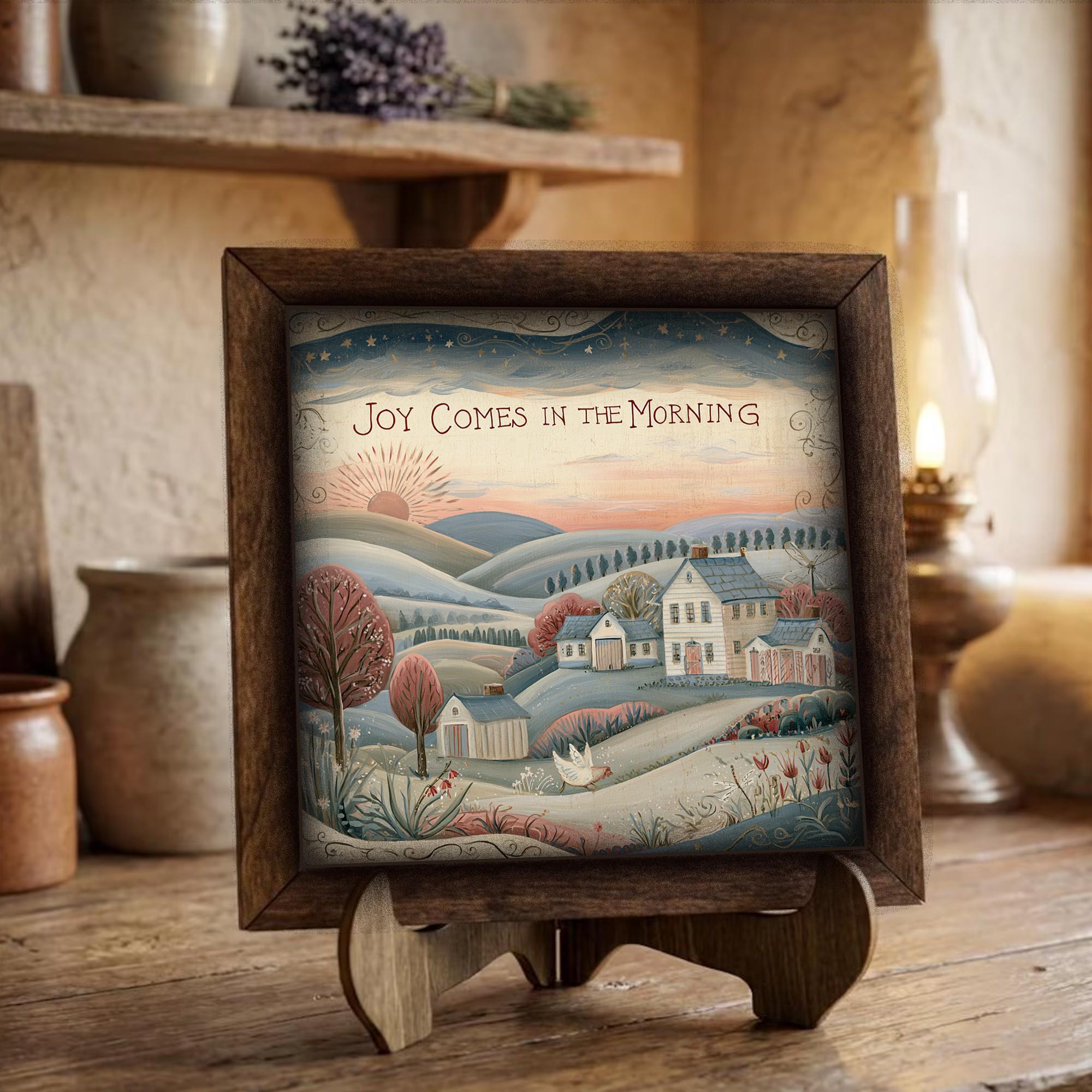 Framed Joy Comes in the Morning Art Print | Rustic Farmhouse Tiered Tray Decor