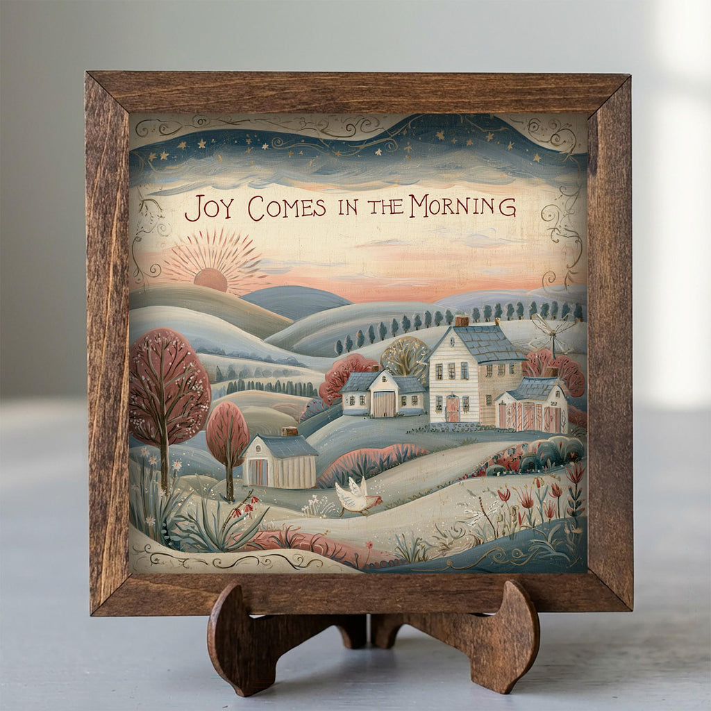 Framed Joy Comes in the Morning Art Print | Rustic Farmhouse Tiered Tray Decor