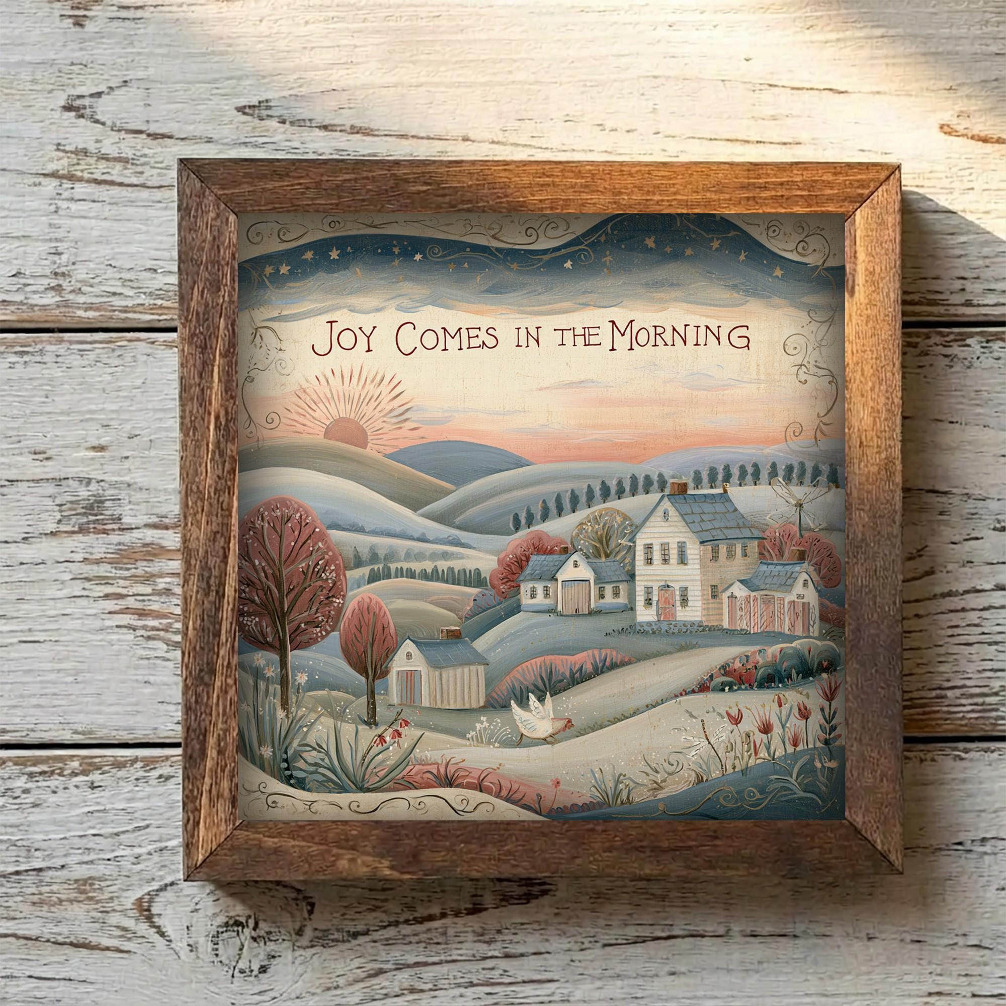 Framed Joy Comes in the Morning Art Print | Rustic Farmhouse Tiered Tray Decor