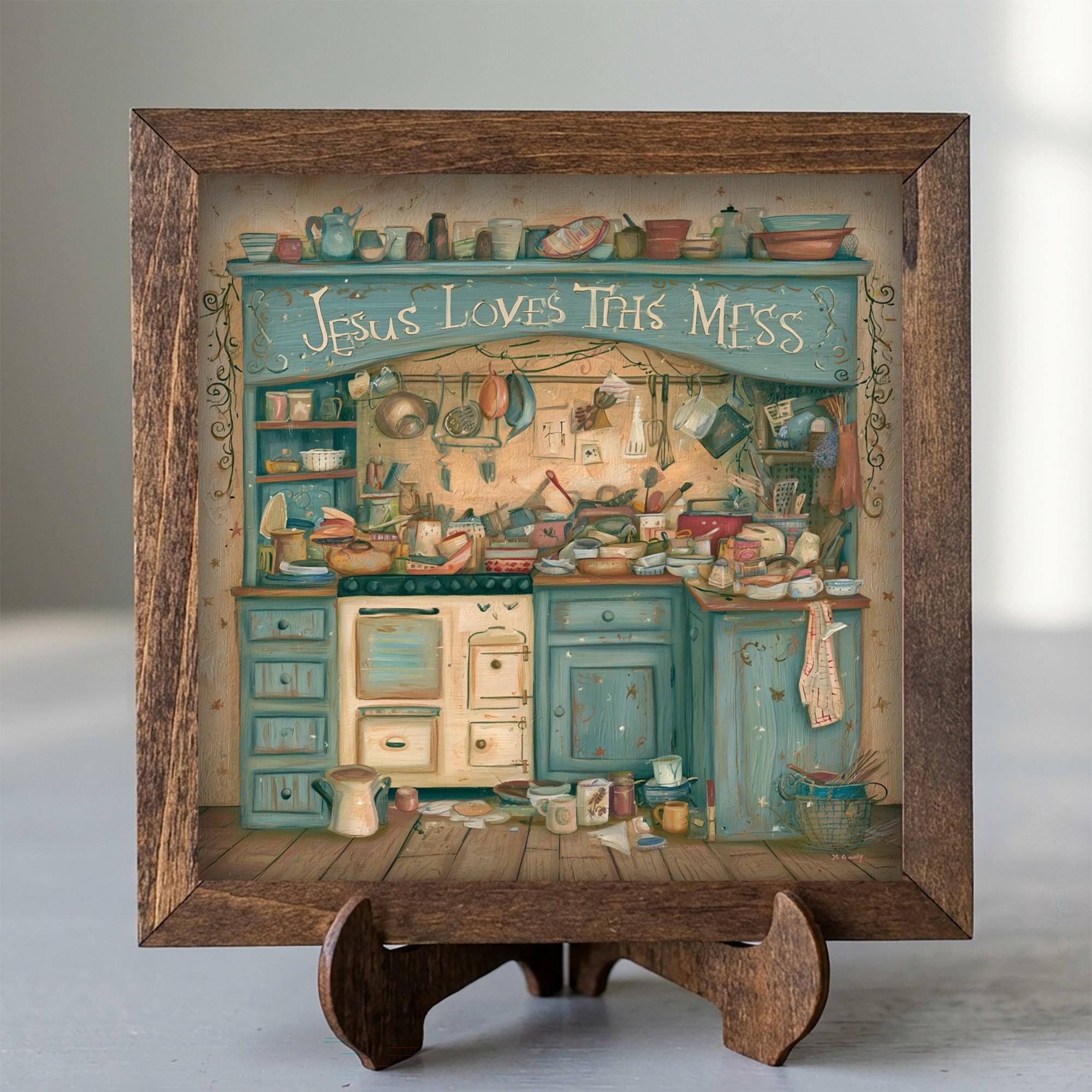 Framed Kitchen Faith Art Print | Jesus Loves This Mess Tiered Tray Decor