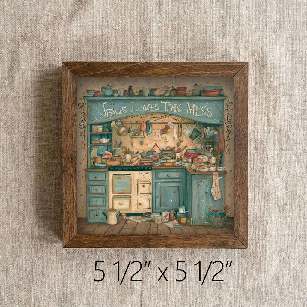 Framed Kitchen Faith Art Print | Jesus Loves This Mess Tiered Tray Decor