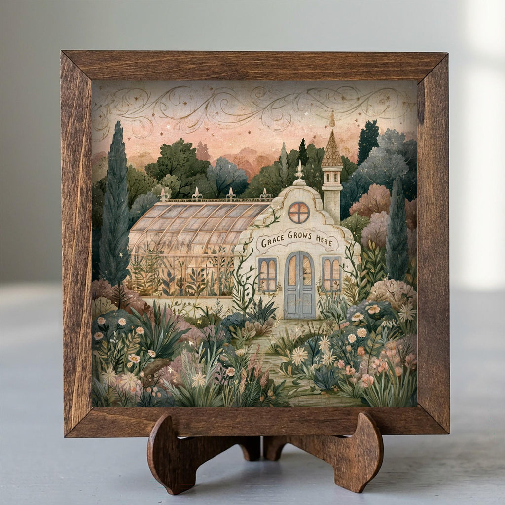 Framed Grace Grows Here Garden Art Print | Rustic Farmhouse Tiered Tray Decor