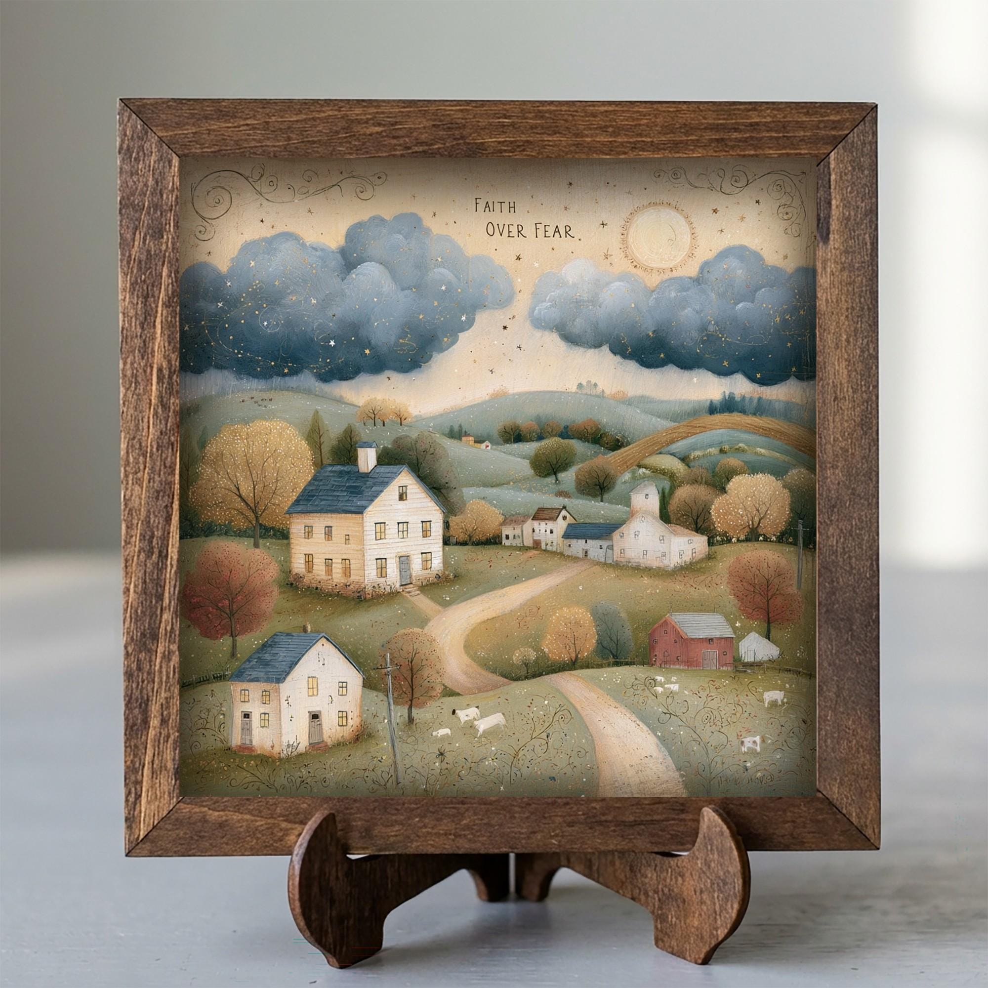 Framed Faith Over Fear Art Print | Rustic Farmhouse Tiered Tray Decor