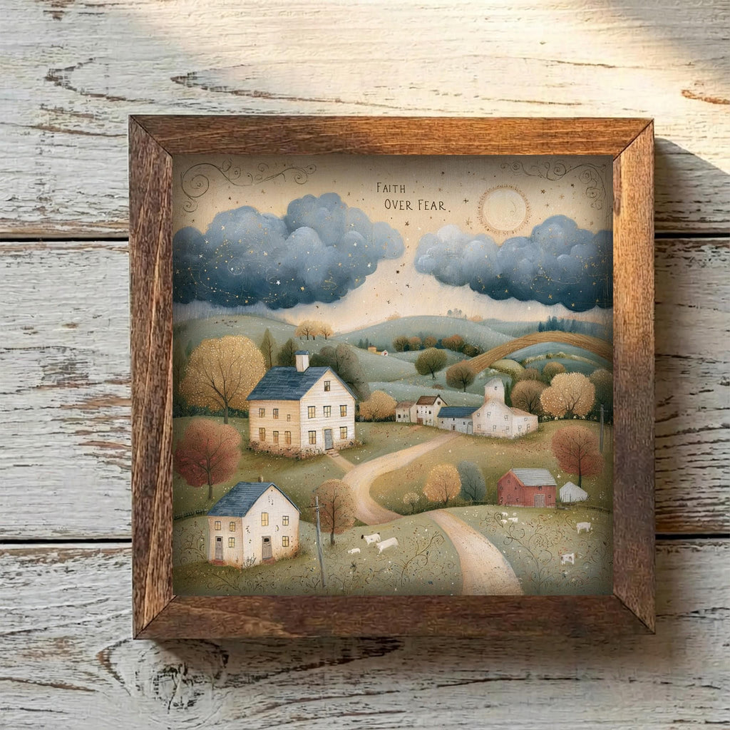 Framed Faith Over Fear Art Print | Rustic Farmhouse Tiered Tray Decor
