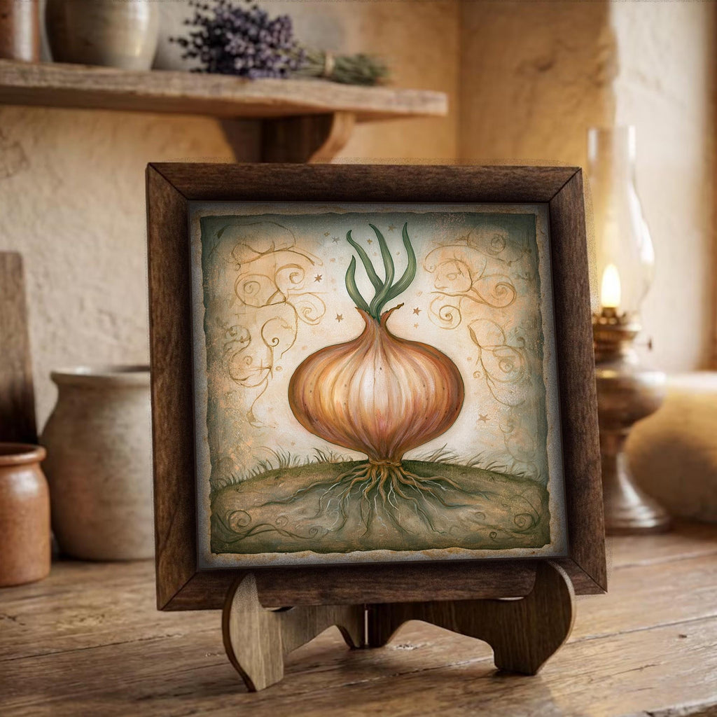 Framed Onion Art Print | Rustic Farmhouse Kitchen Decor (Easel Included)