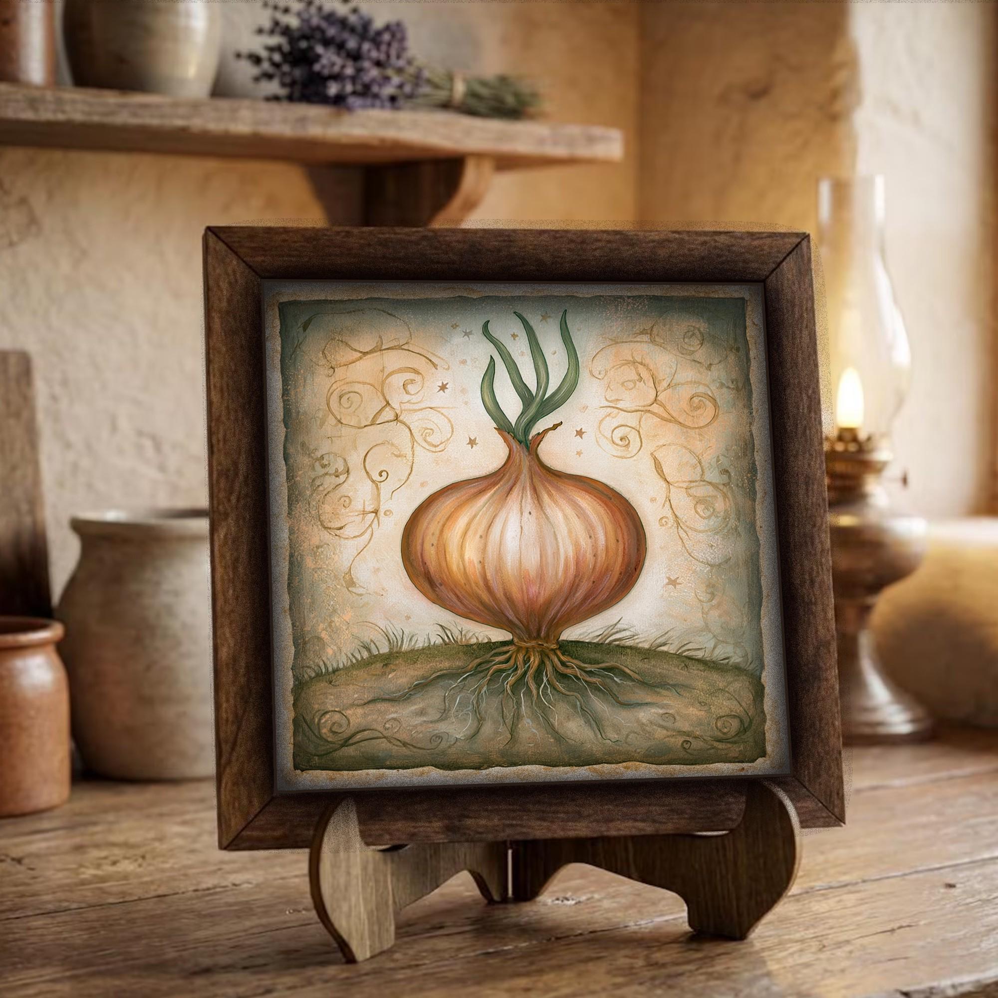 Framed Onion Art Print | Rustic Farmhouse Kitchen Decor (Easel Included)