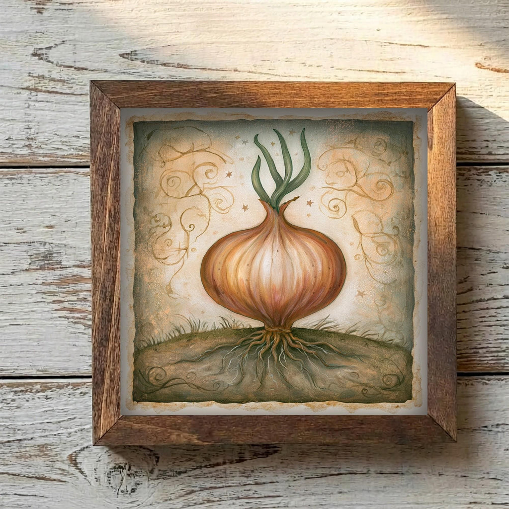 Framed Onion Art Print | Rustic Farmhouse Kitchen Decor (Easel Included)