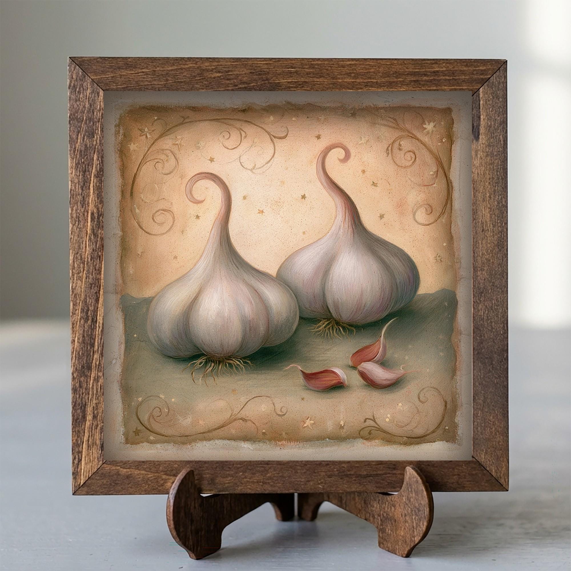 Framed Garlic Art Print | Rustic Farmhouse Kitchen Decor