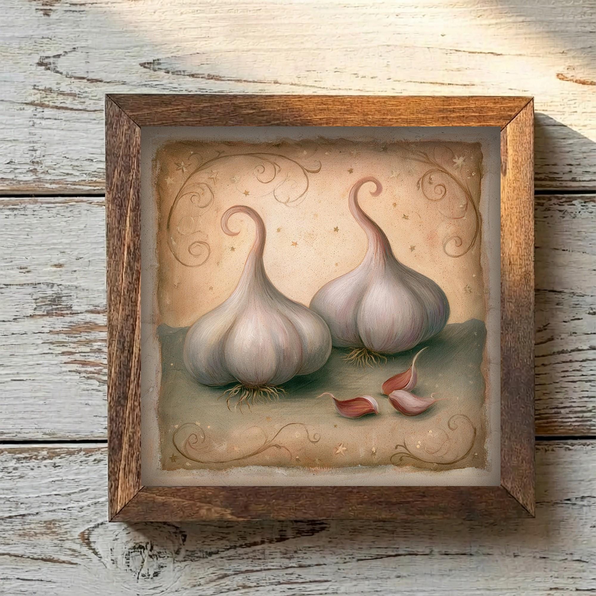 Framed Garlic Art Print | Rustic Farmhouse Kitchen Decor