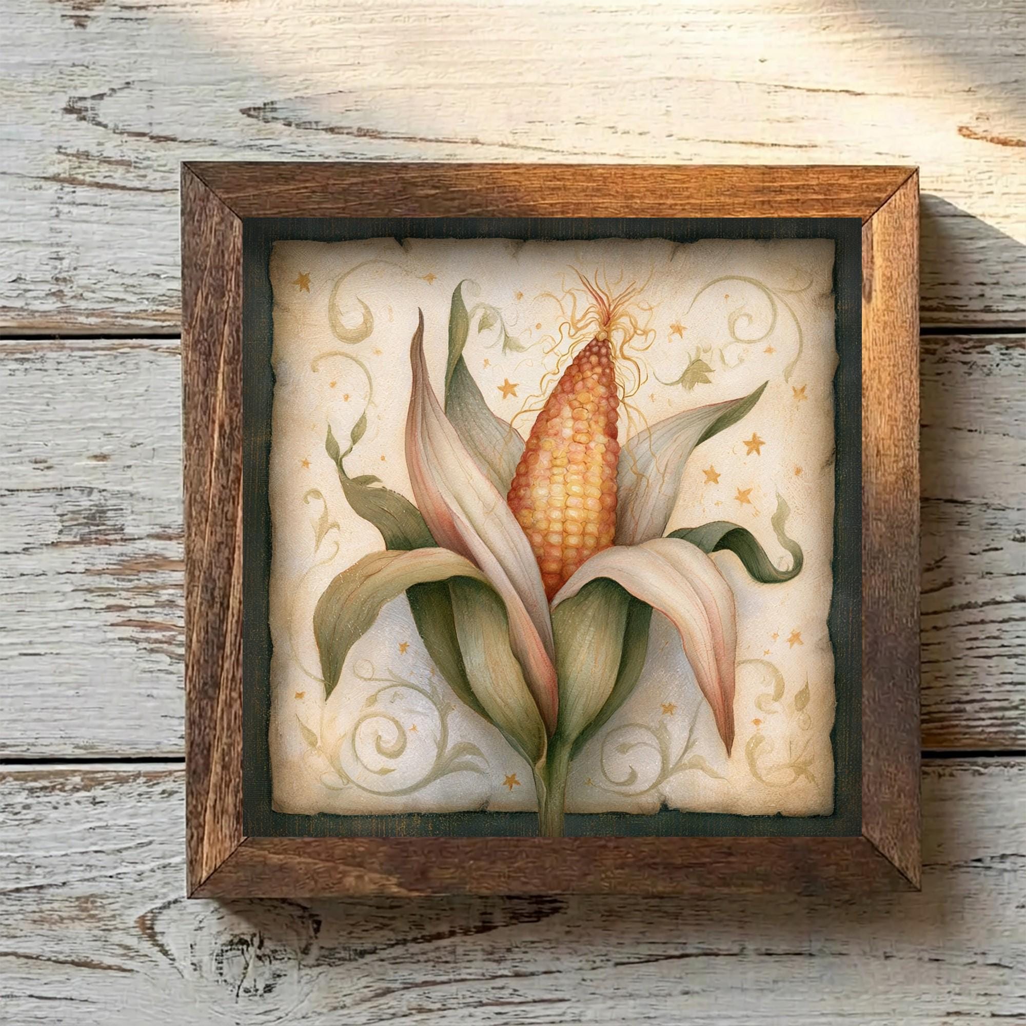 Framed Corn Art Print | Rustic Farmhouse Shelf Decor