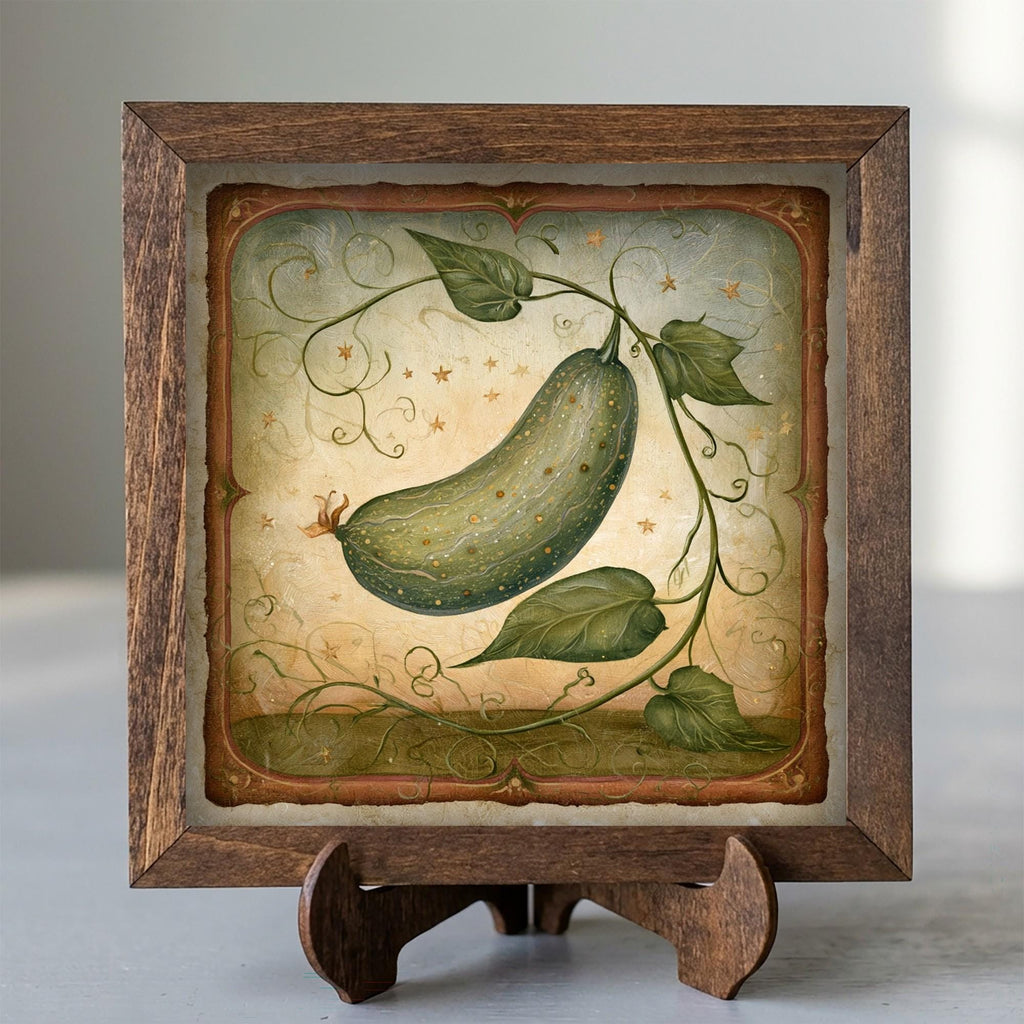 Framed Cucumber Art Print | Rustic Farmhouse Kitchen Decor (Easel Included)