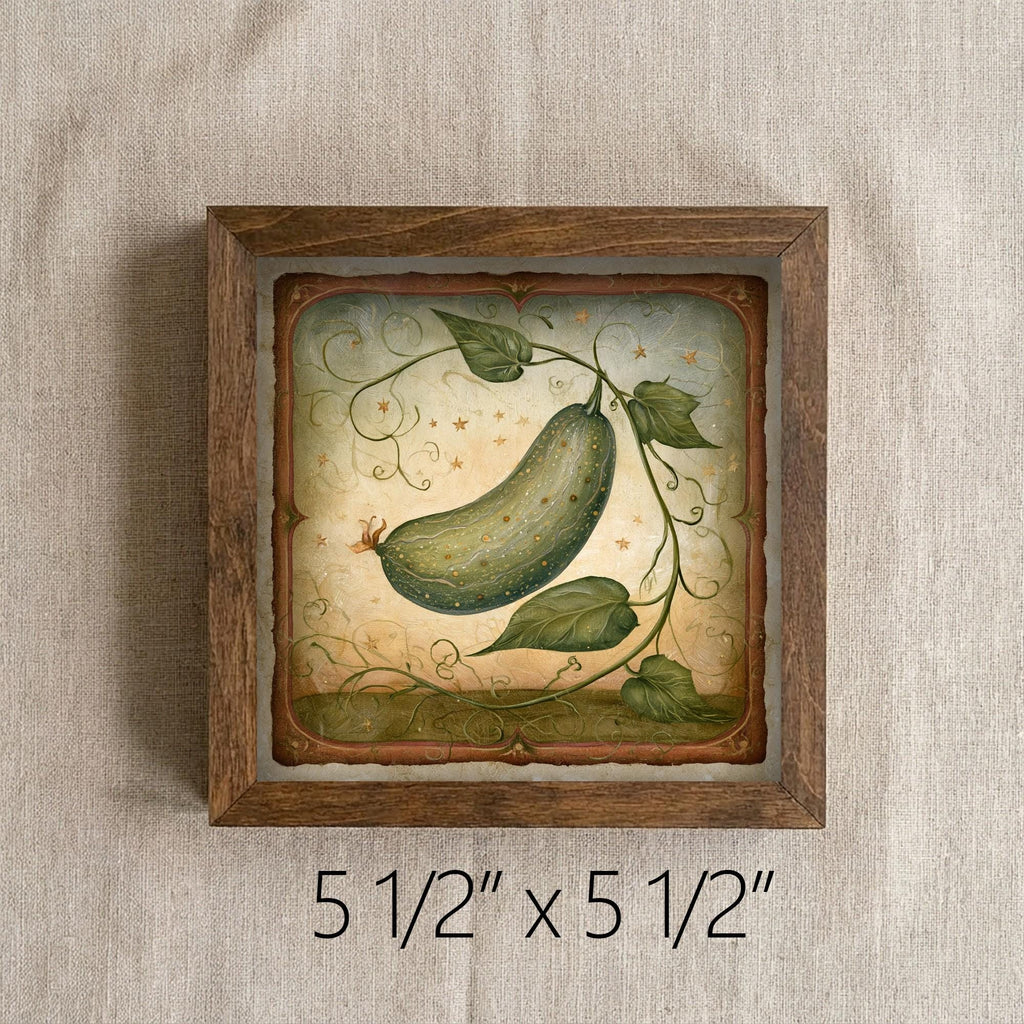 Framed Cucumber Art Print | Rustic Farmhouse Kitchen Decor (Easel Included)