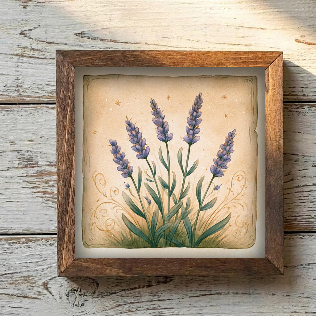Framed Lavender Art Print | Rustic Farmhouse Shelf Decor (Easel Included)