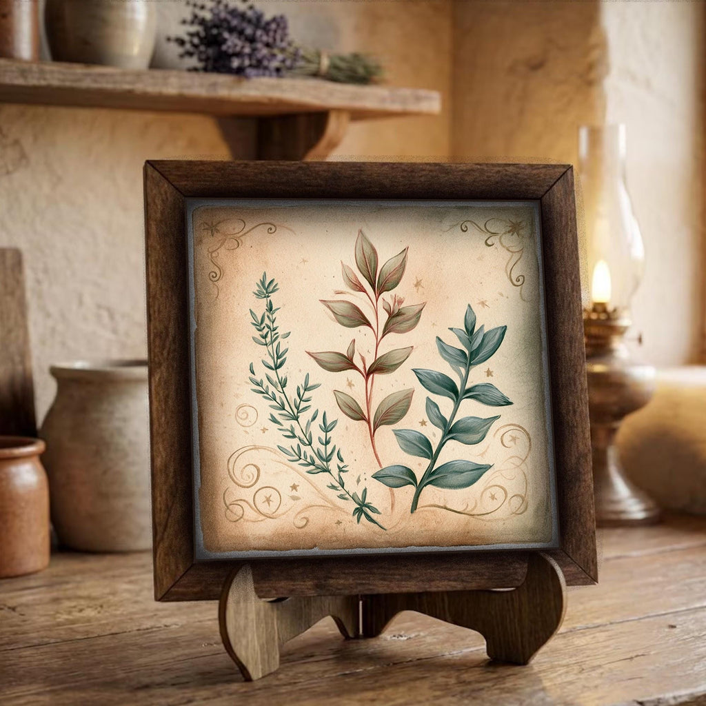 Framed Botanical Art Print | Rustic Farmhouse Shelf Decor (Easel Included)