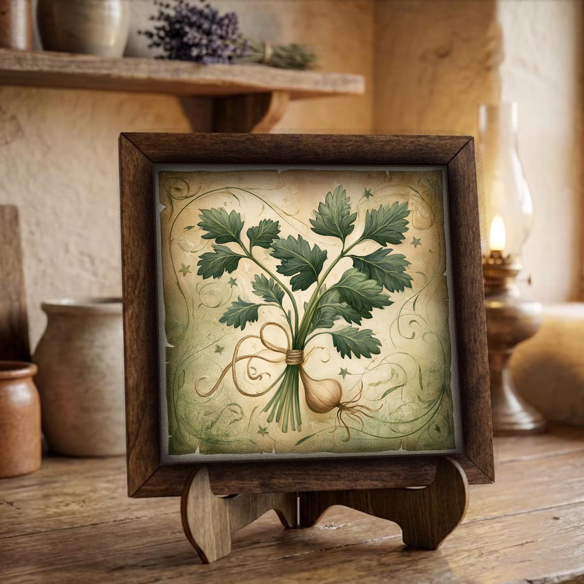 Framed Herb Bundle Art Print | Rustic Farmhouse Shelf Decor