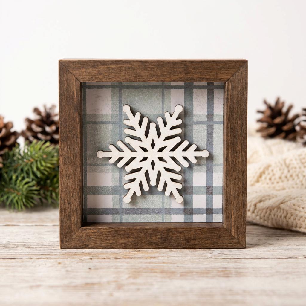 Snowflake Shelf Sitter, Farmhouse Winter Decor, Framed Snowflake Sign, Christmas Tiered Tray Decor, Rustic Holiday Home Decor Gift - TheGrumpyRooster