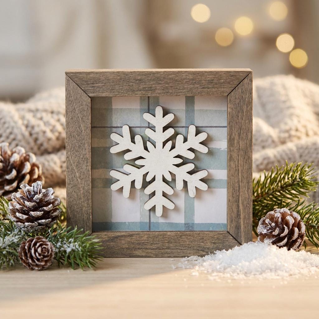 Snowflake Shelf Sitter, Farmhouse Winter Decor, Framed Snowflake Sign, Christmas Tiered Tray Decor, Rustic Holiday Home Decor Gift - TheGrumpyRooster