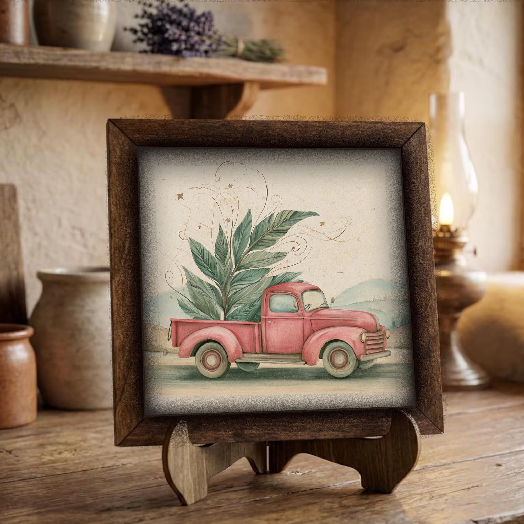 Framed Red Truck Christmas Art Print | Vintage Farmhouse Holiday Decor