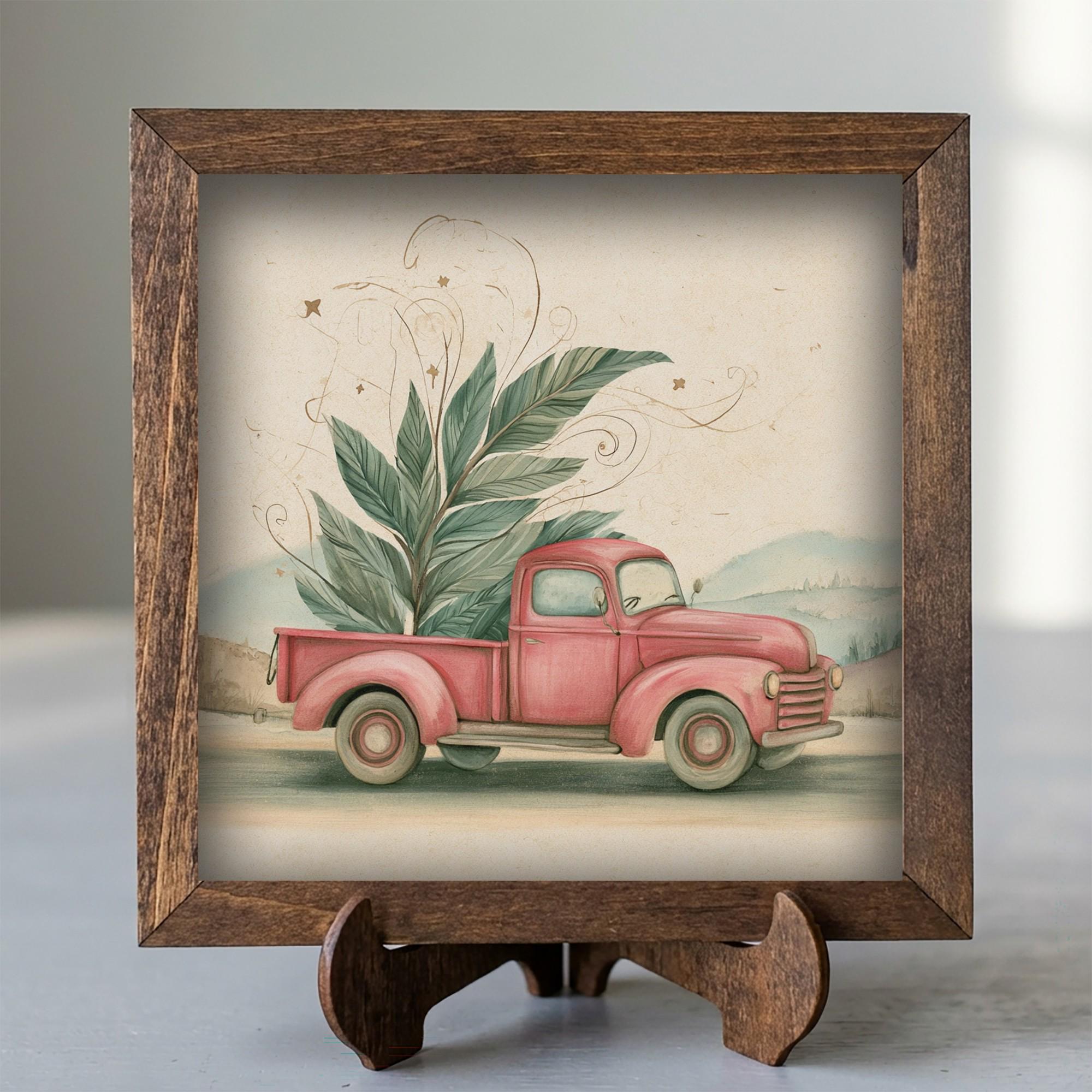 Framed Red Truck Christmas Art Print | Vintage Farmhouse Holiday Decor