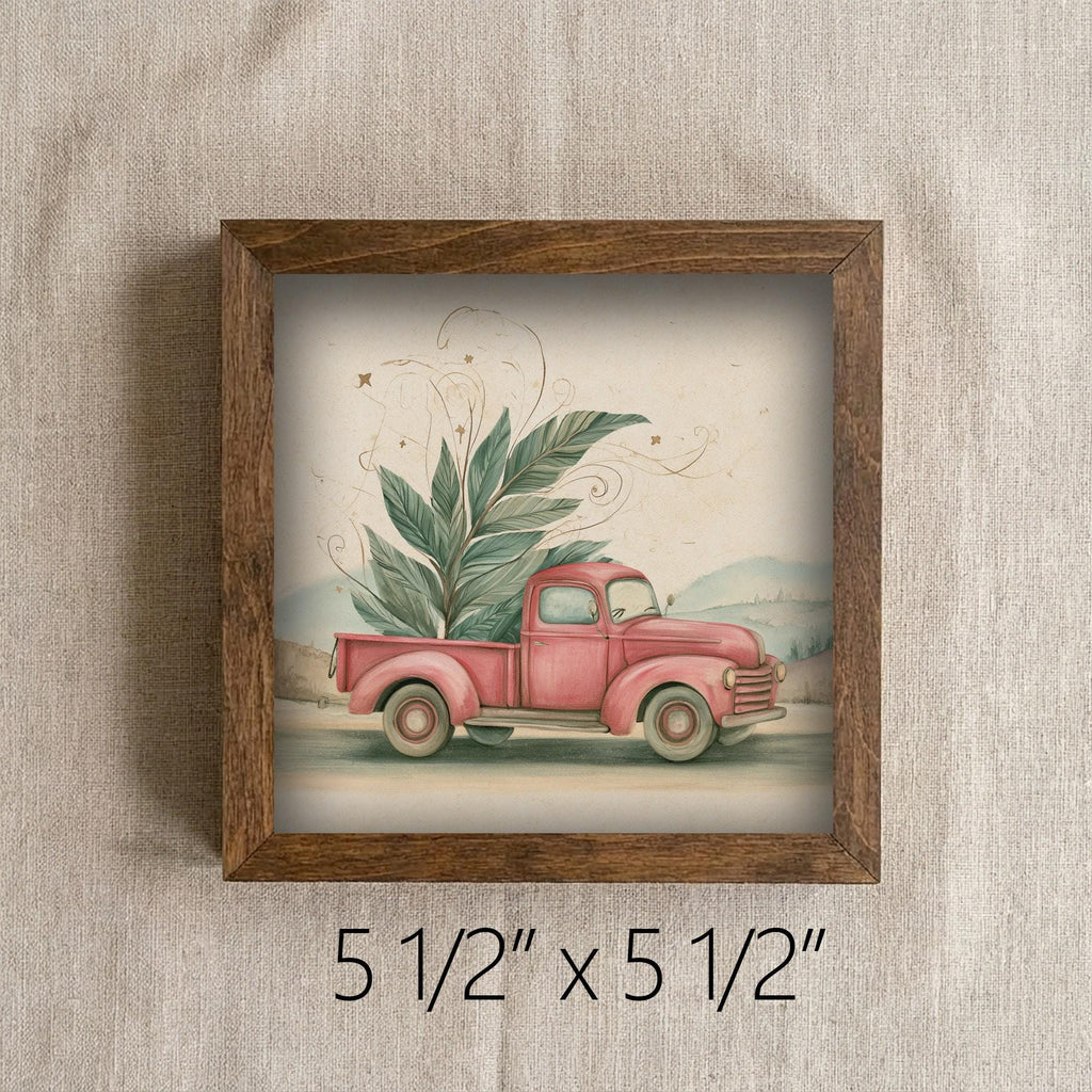 Framed Red Truck Christmas Art Print | Vintage Farmhouse Holiday Decor