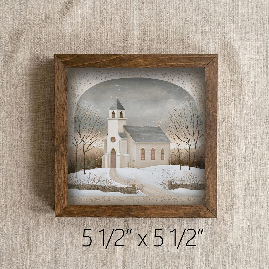 Framed Winter Church Art Print | Rustic Farmhouse Christmas Decor