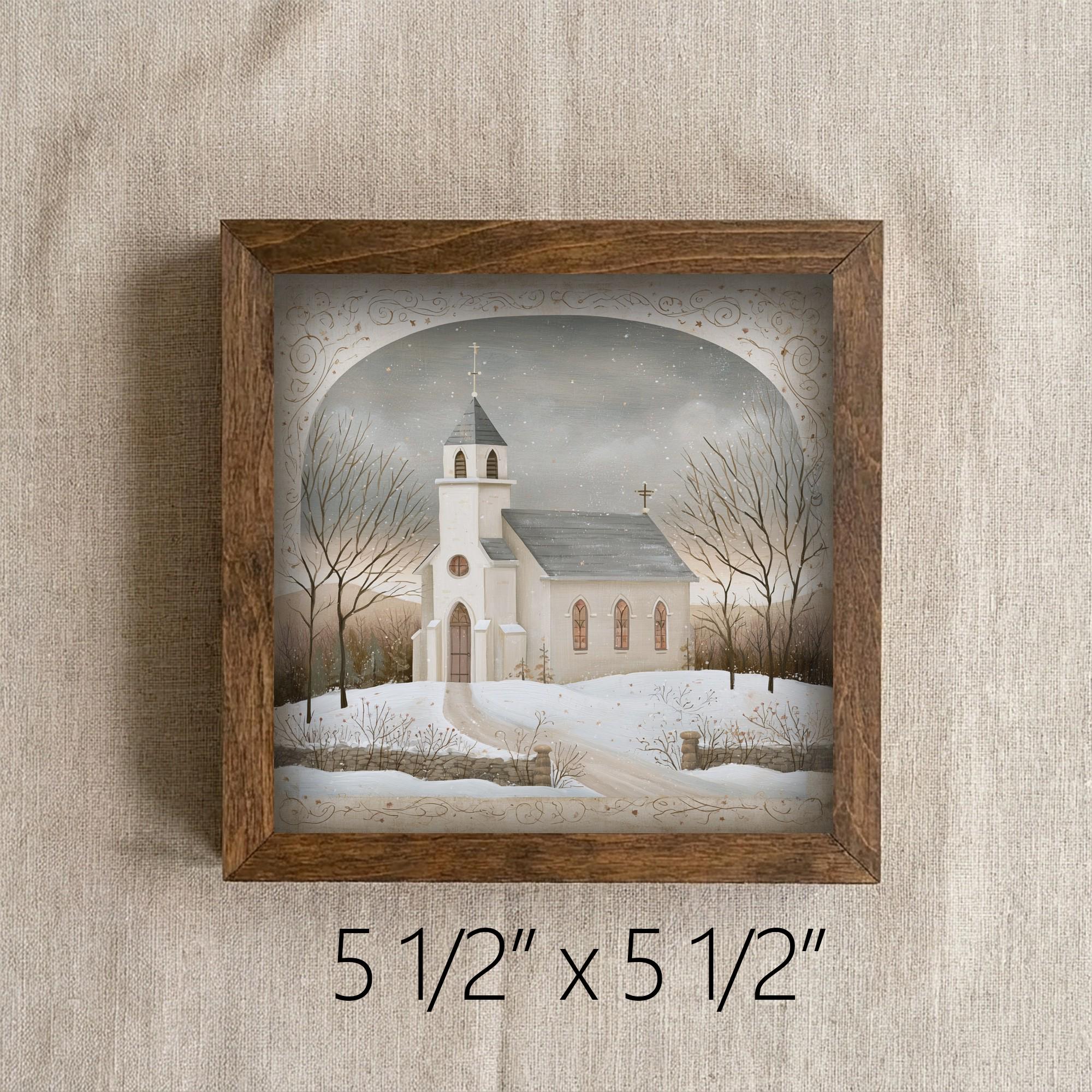 Framed Winter Church Art Print | Rustic Farmhouse Christmas Decor