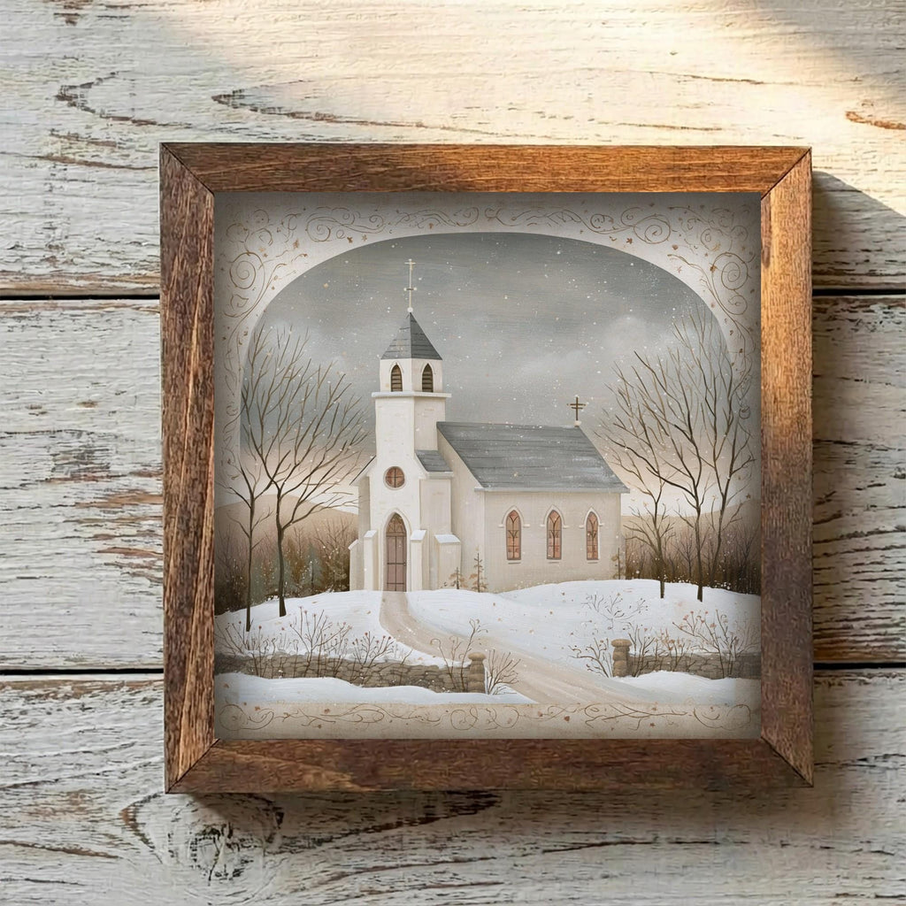 Framed Winter Church Art Print | Rustic Farmhouse Christmas Decor