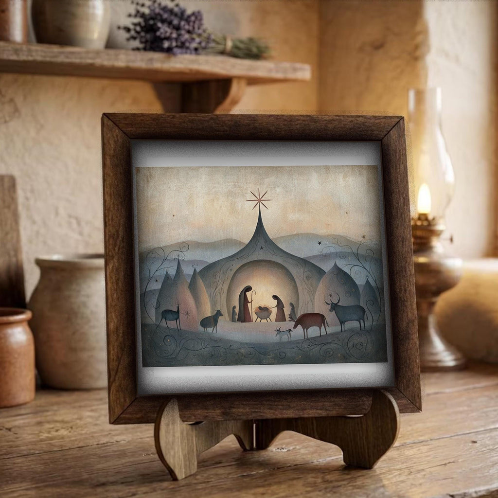 Framed Nativity Scene Art Print | Rustic Christmas Farmhouse Decor