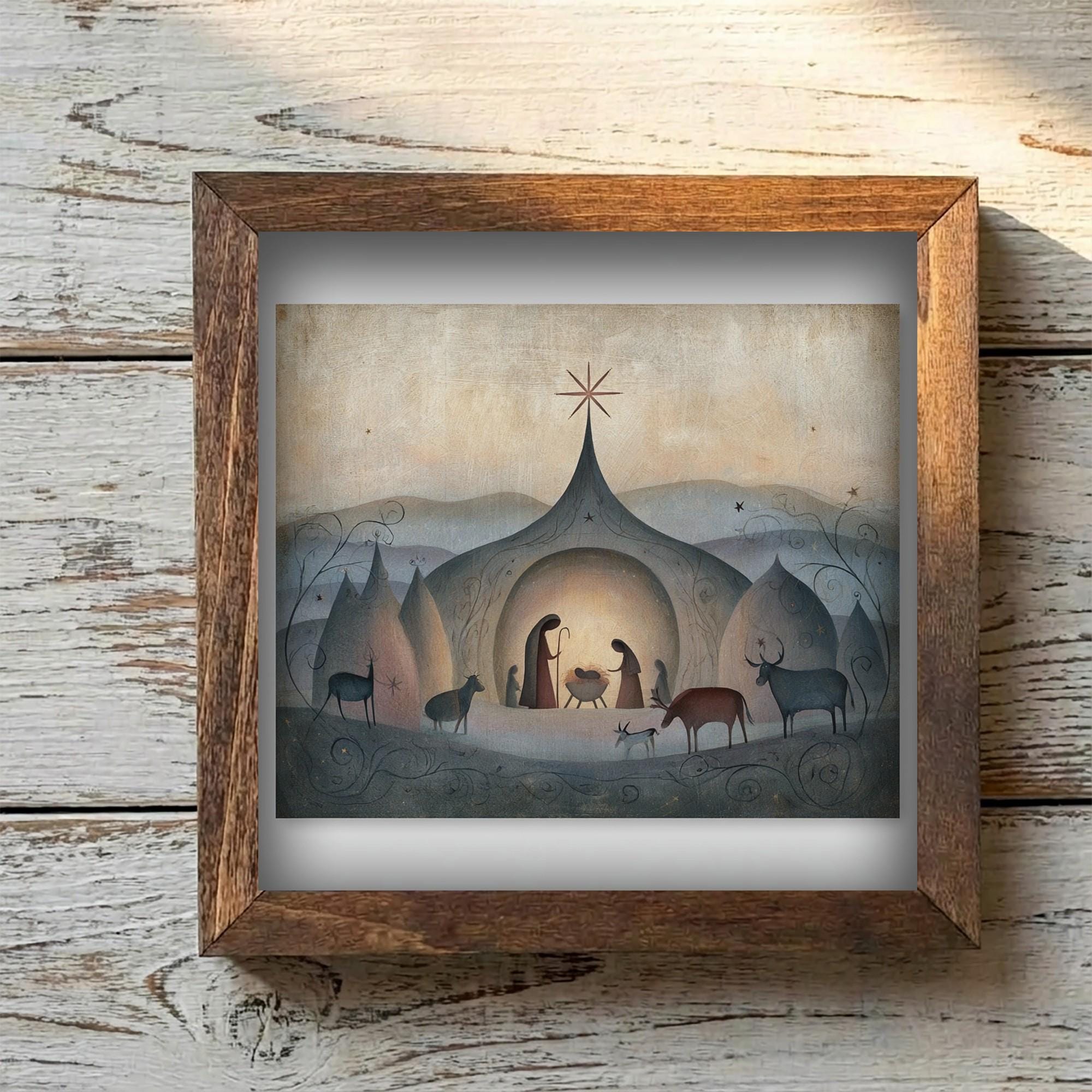 Framed Nativity Scene Art Print | Rustic Christmas Farmhouse Decor