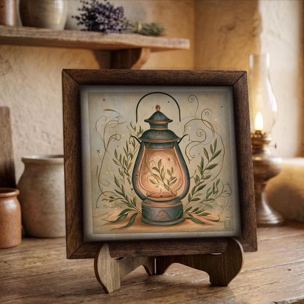 Framed Vintage Lantern Art Print | Rustic Christmas Shelf Decor