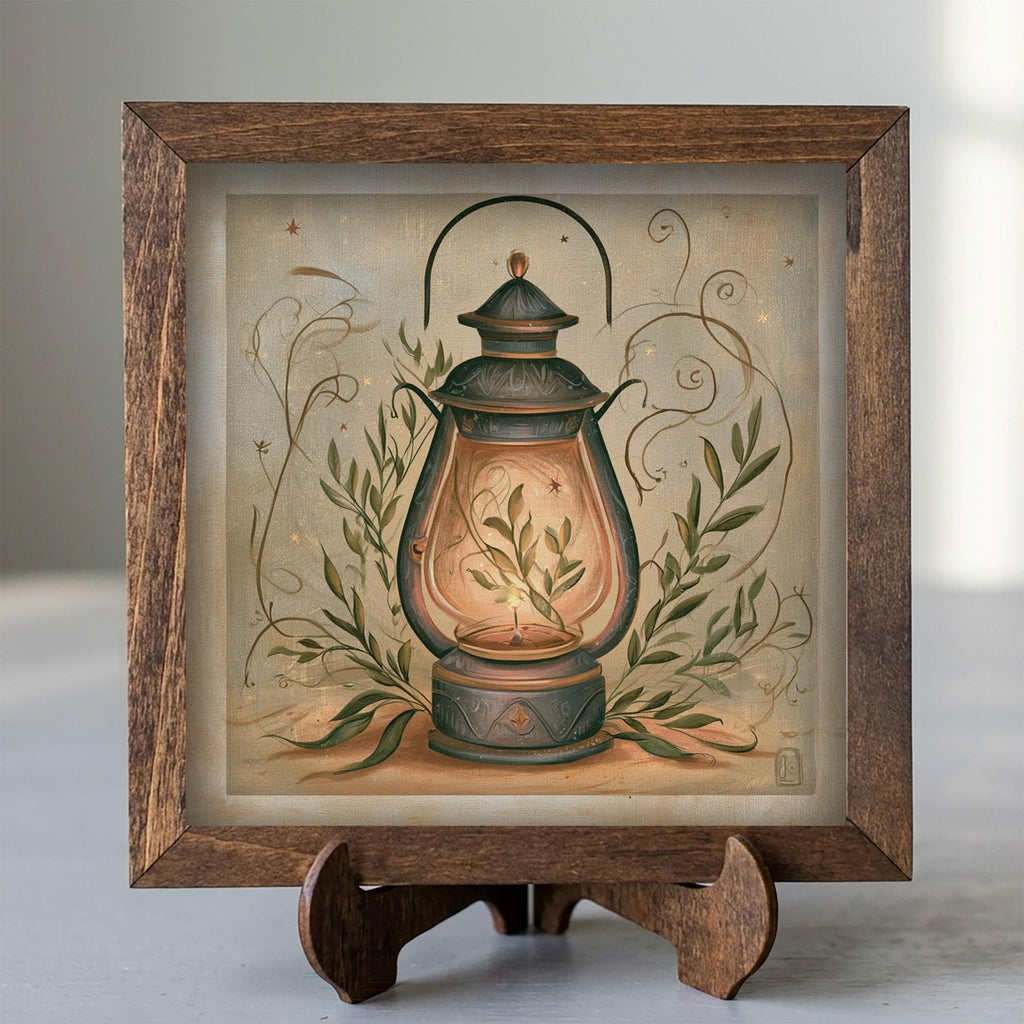 Framed Vintage Lantern Art Print | Rustic Christmas Shelf Decor