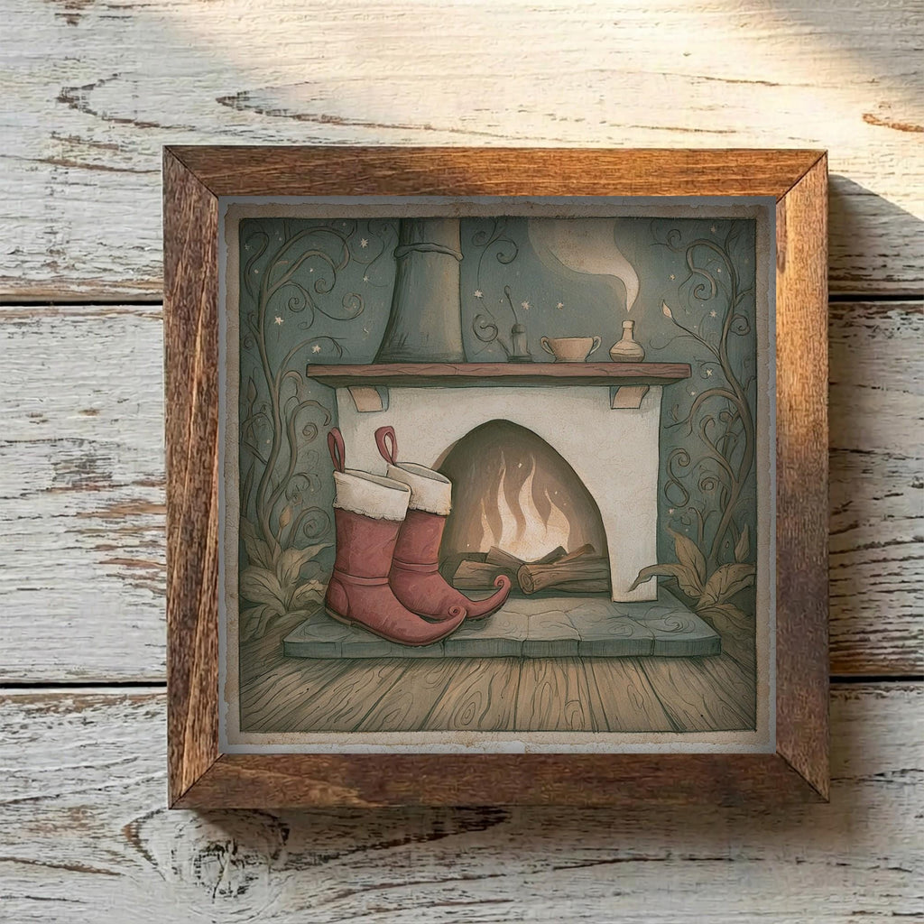 Framed Christmas Fireplace Art Print | Vintage Holiday Shelf Decor