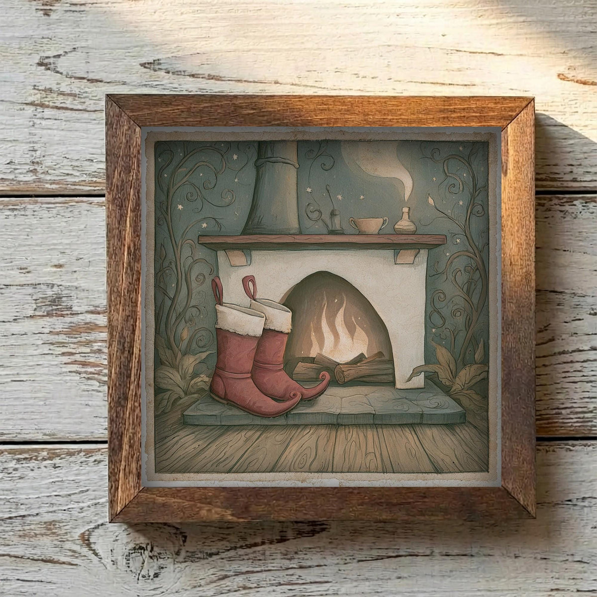 Framed Christmas Fireplace Art Print | Vintage Holiday Shelf Decor