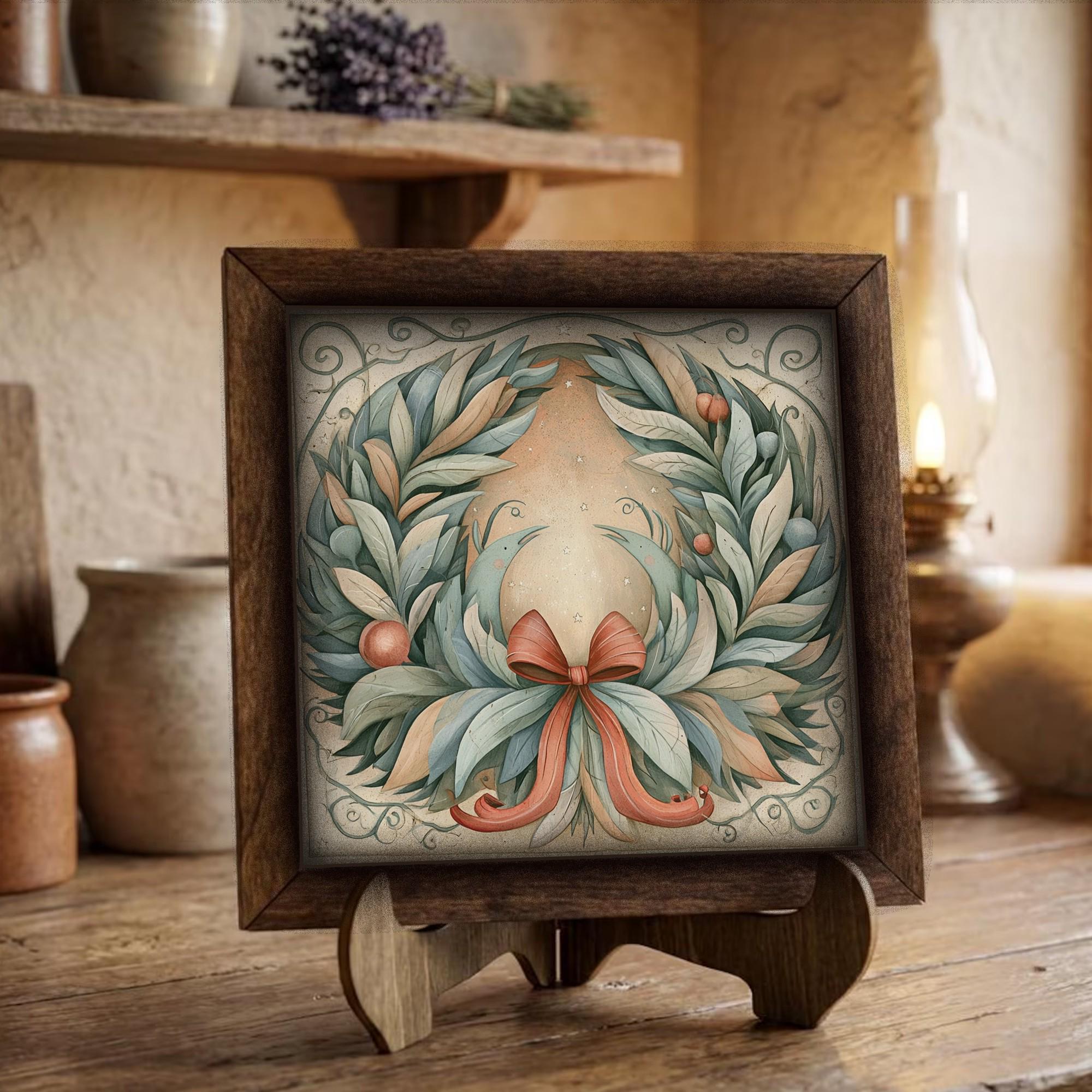 Framed Christmas Wreath Art Print | Vintage Farmhouse Holiday Decor