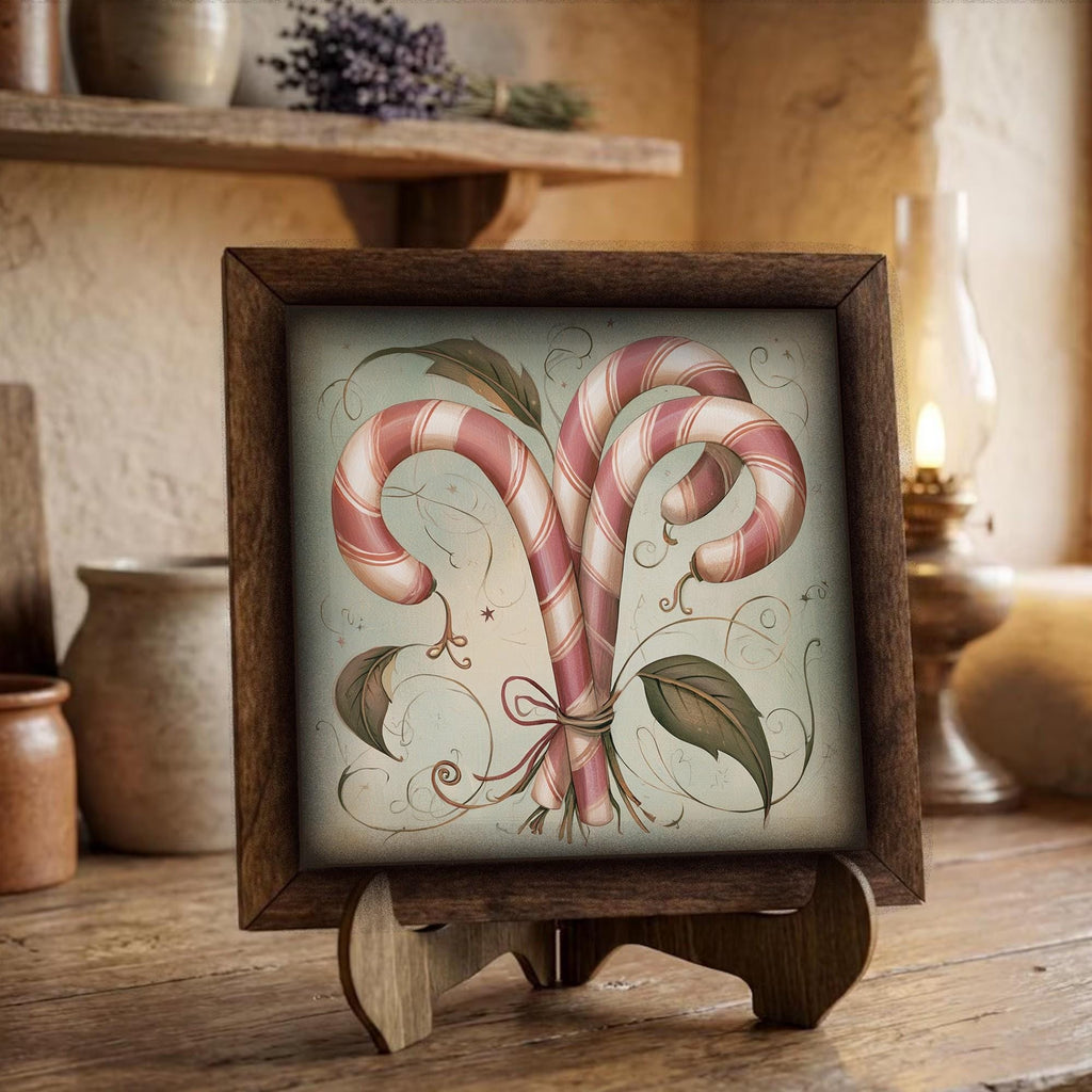 Framed Candy Cane Art Print | Vintage Christmas Shelf Decor