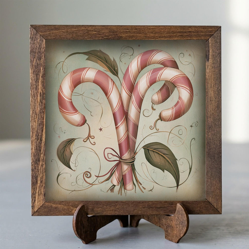 Framed Candy Cane Art Print | Vintage Christmas Shelf Decor