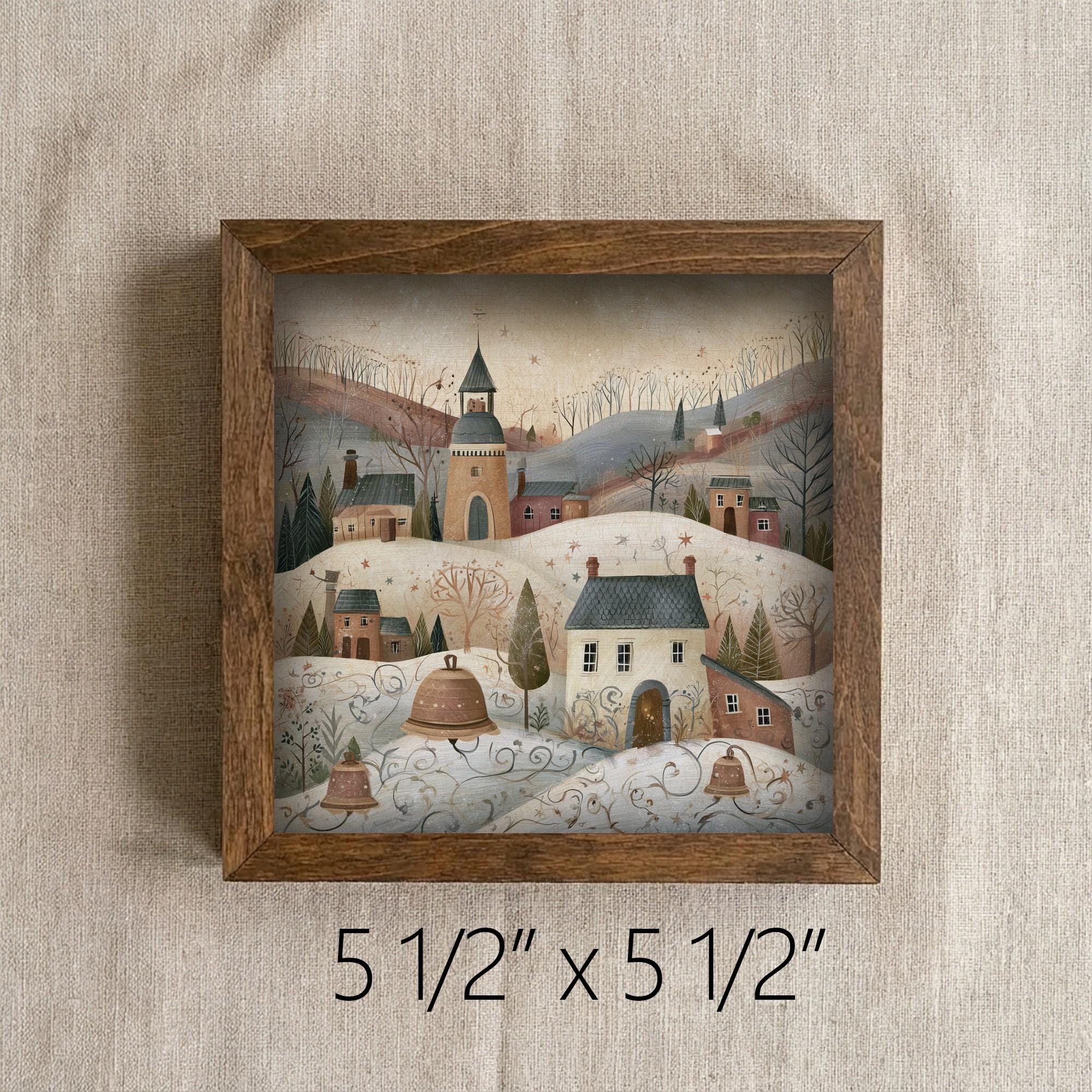 Framed Winter Village Art Print | Rustic Christmas Farmhouse Decor