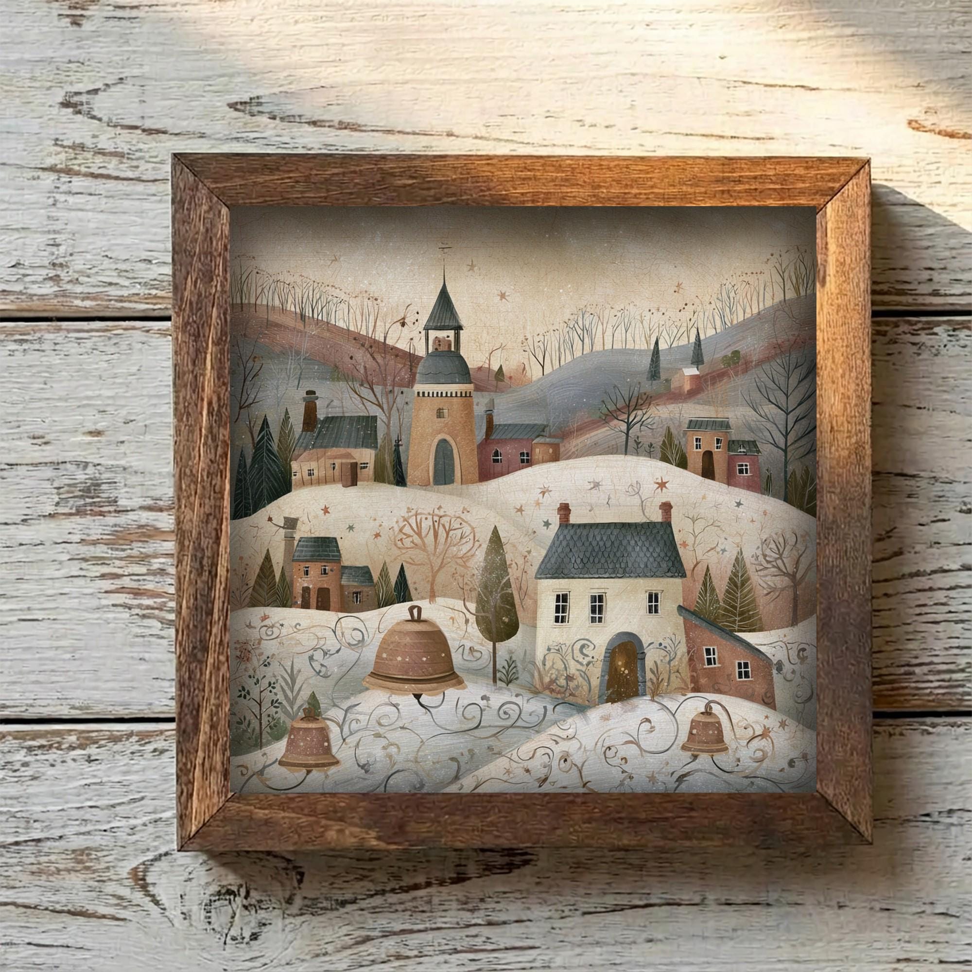 Framed Winter Village Art Print | Rustic Christmas Farmhouse Decor