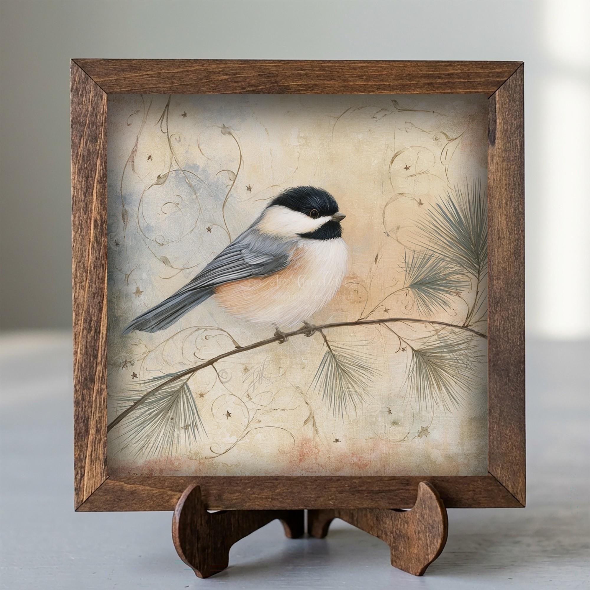 Framed Chickadee Art Print | Vintage Christmas Farmhouse Decor