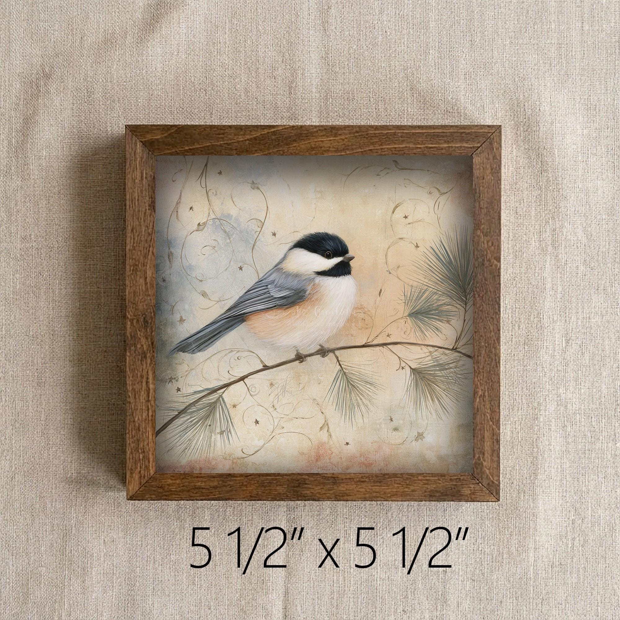 Framed Chickadee Art Print | Vintage Christmas Farmhouse Decor