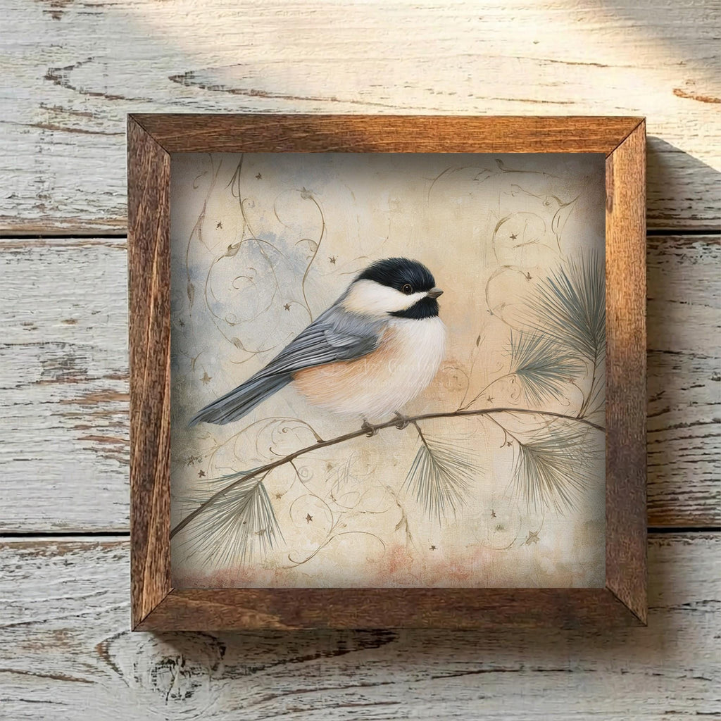Framed Chickadee Art Print | Vintage Christmas Farmhouse Decor