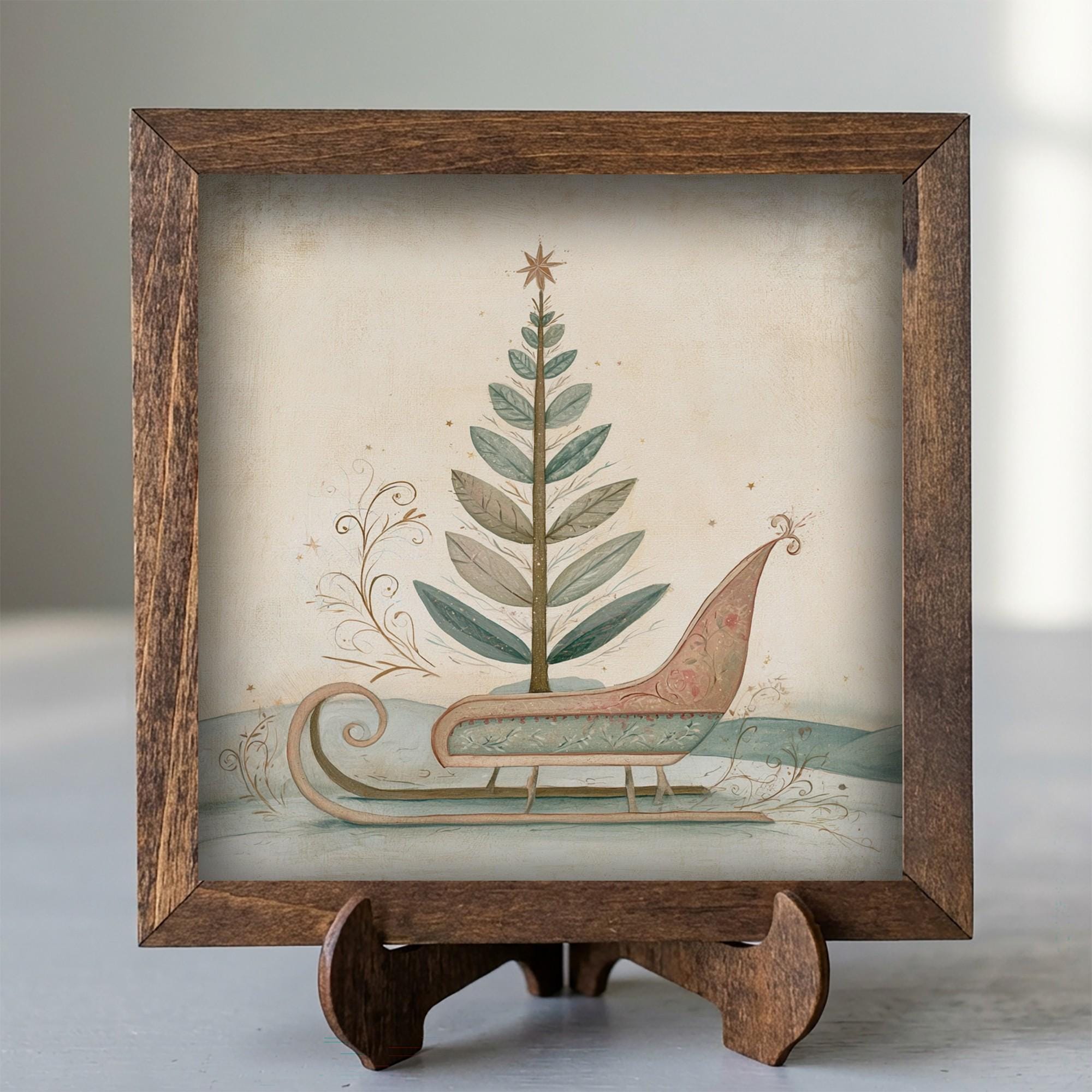 Framed Christmas Sleigh Art Print | Vintage Farmhouse Holiday Decor