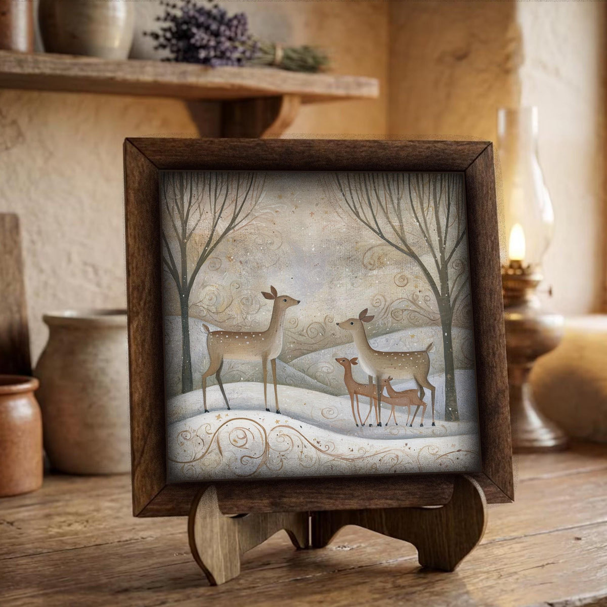 Framed Deer Family Art Print | Rustic Winter Farmhouse Decor